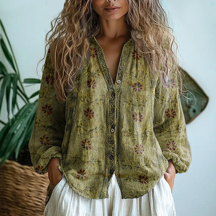 BIANCA - Elegant Vintage Leaf Print Shirt