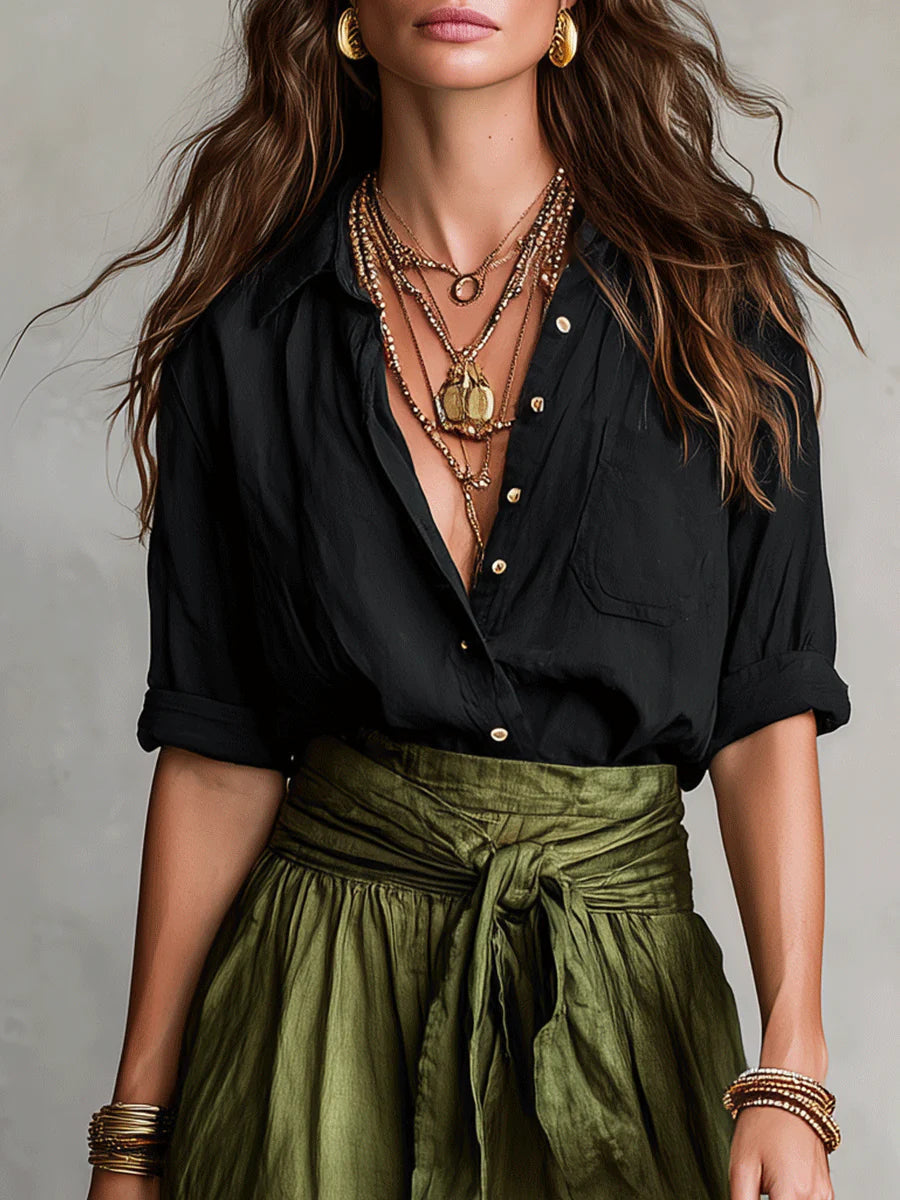Vera™ | Black Top & Olive Green Midi Skirt Two-Piece Set