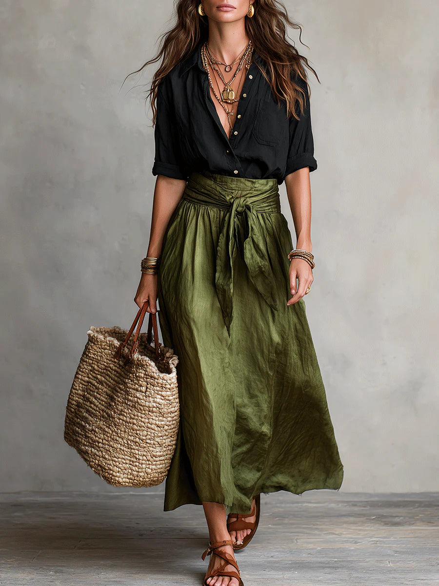 Vera™ | Black Top & Olive Green Midi Skirt Two-Piece Set