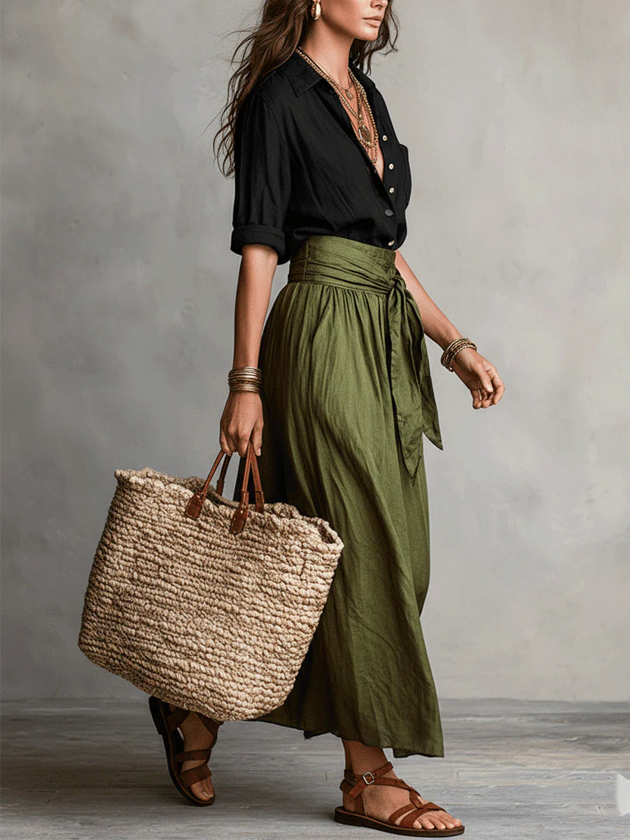 Vera™ | Black Top & Olive Green Midi Skirt Two-Piece Set