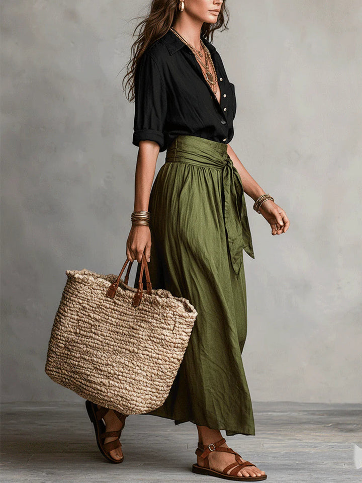 Vera™ | Black Top & Olive Green Midi Skirt Two-Piece Set