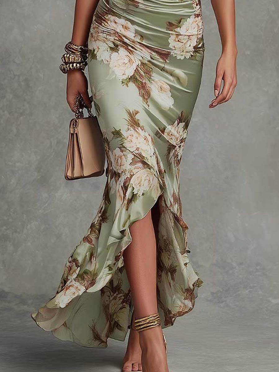 Drew | Long asymmetrical Green satin dress with V-neckline
