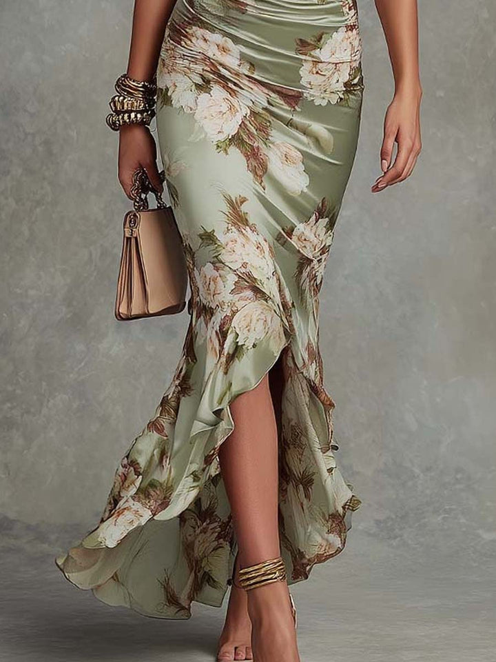 Drew | Long asymmetrical Green satin dress with V-neckline