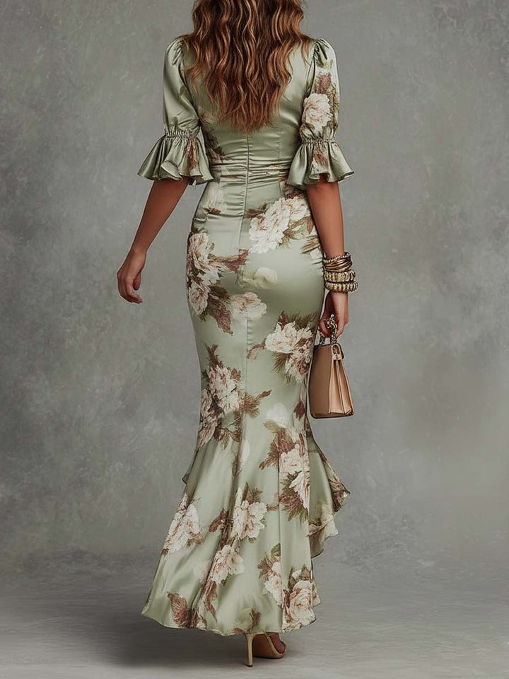 Drew | Long asymmetrical Green satin dress with V-neckline