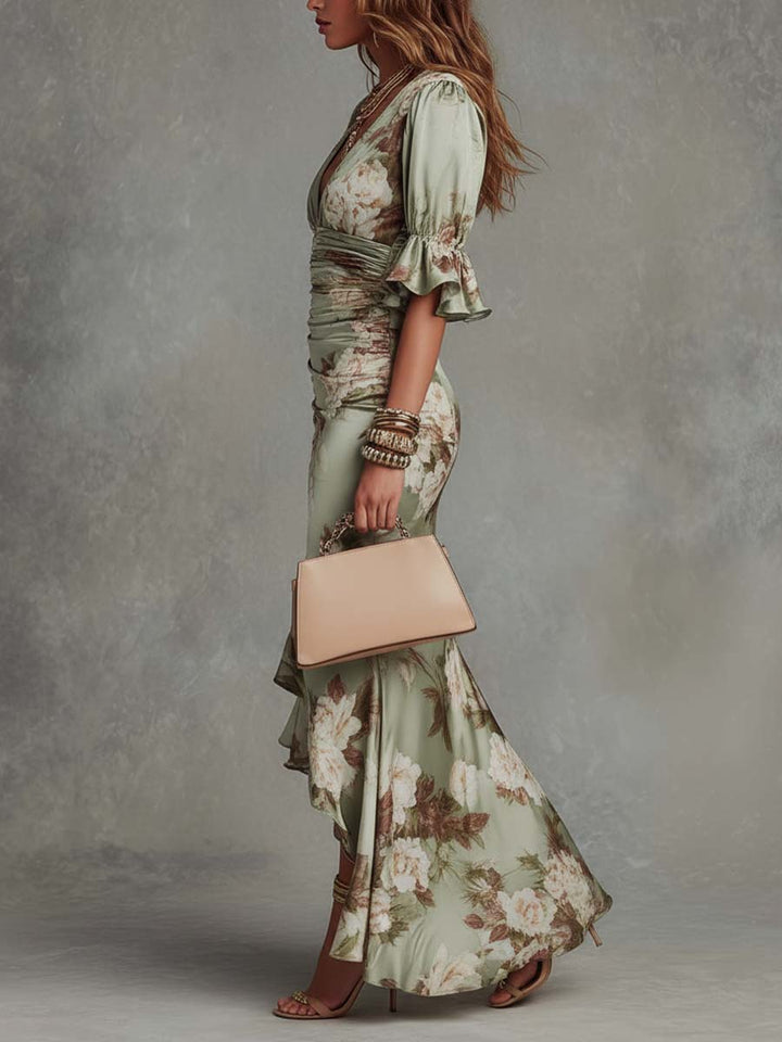 Drew | Long asymmetrical Green satin dress with V-neckline