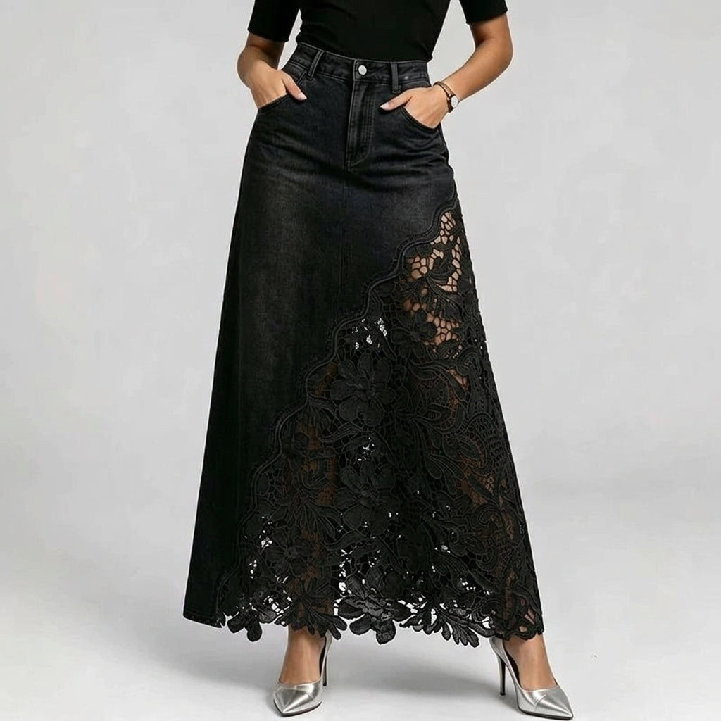Elysian Lace-Trim Denim Maxi Skirt
