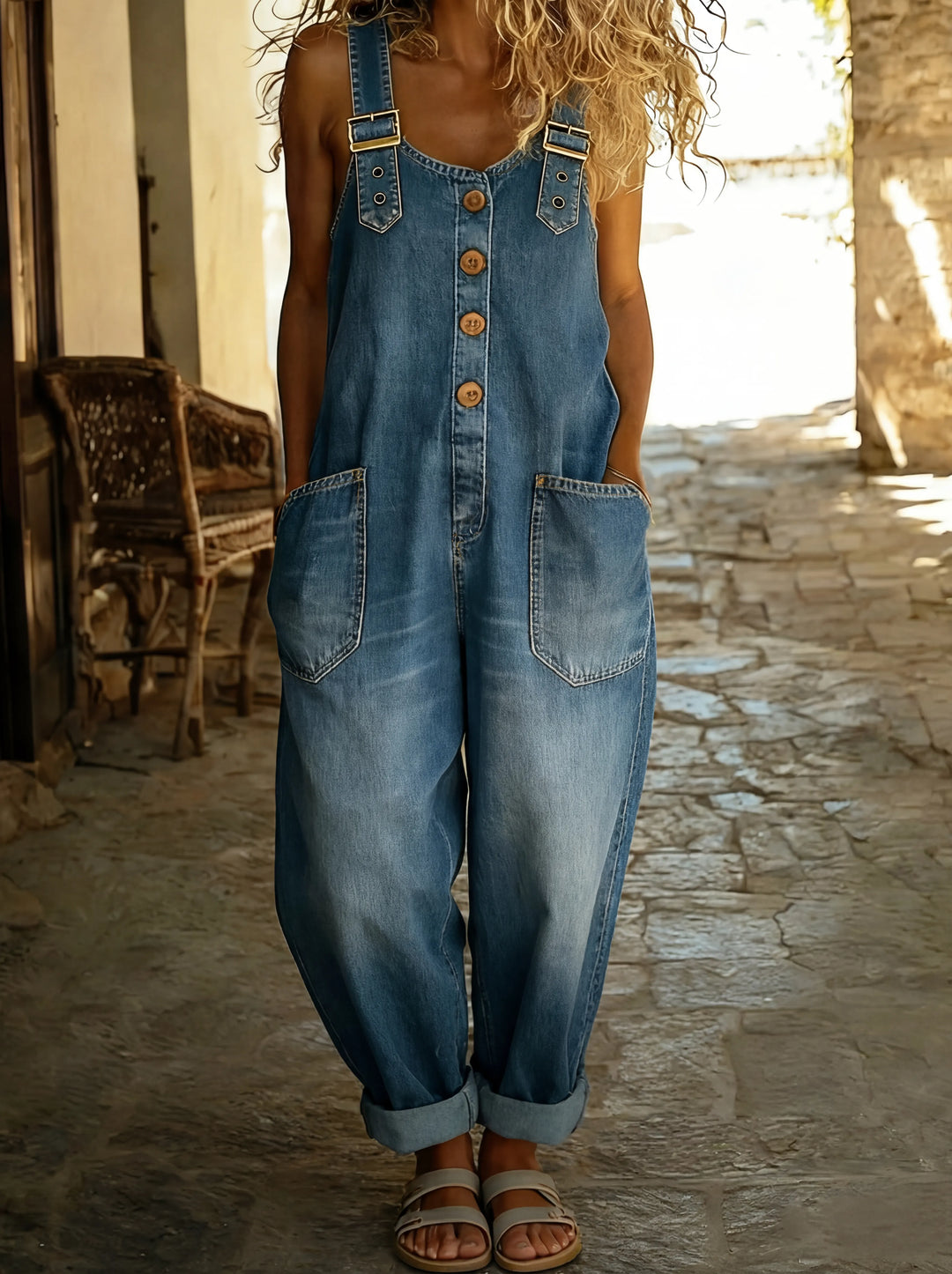 Rocio™ - Casual denim jumpsuit with adjustable buckle.