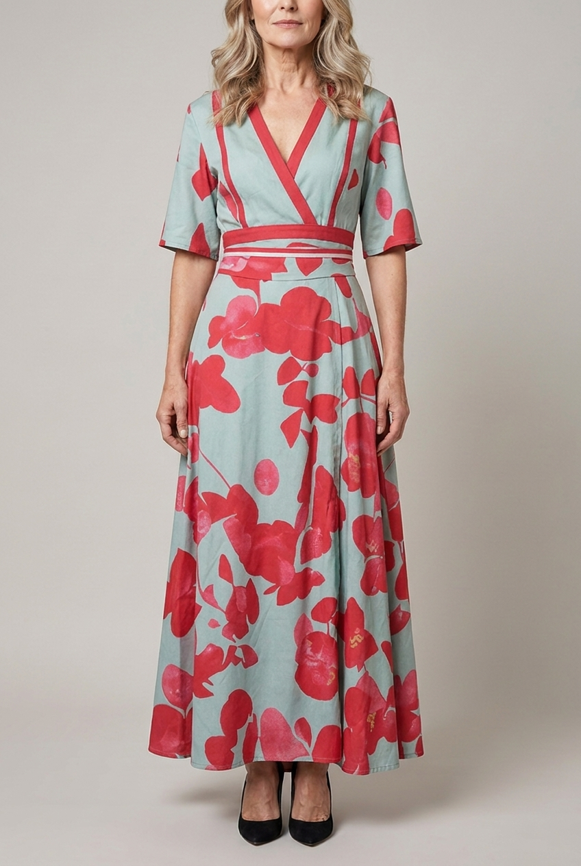 Tailored Midi Dress with V Neckline and Zip Closure