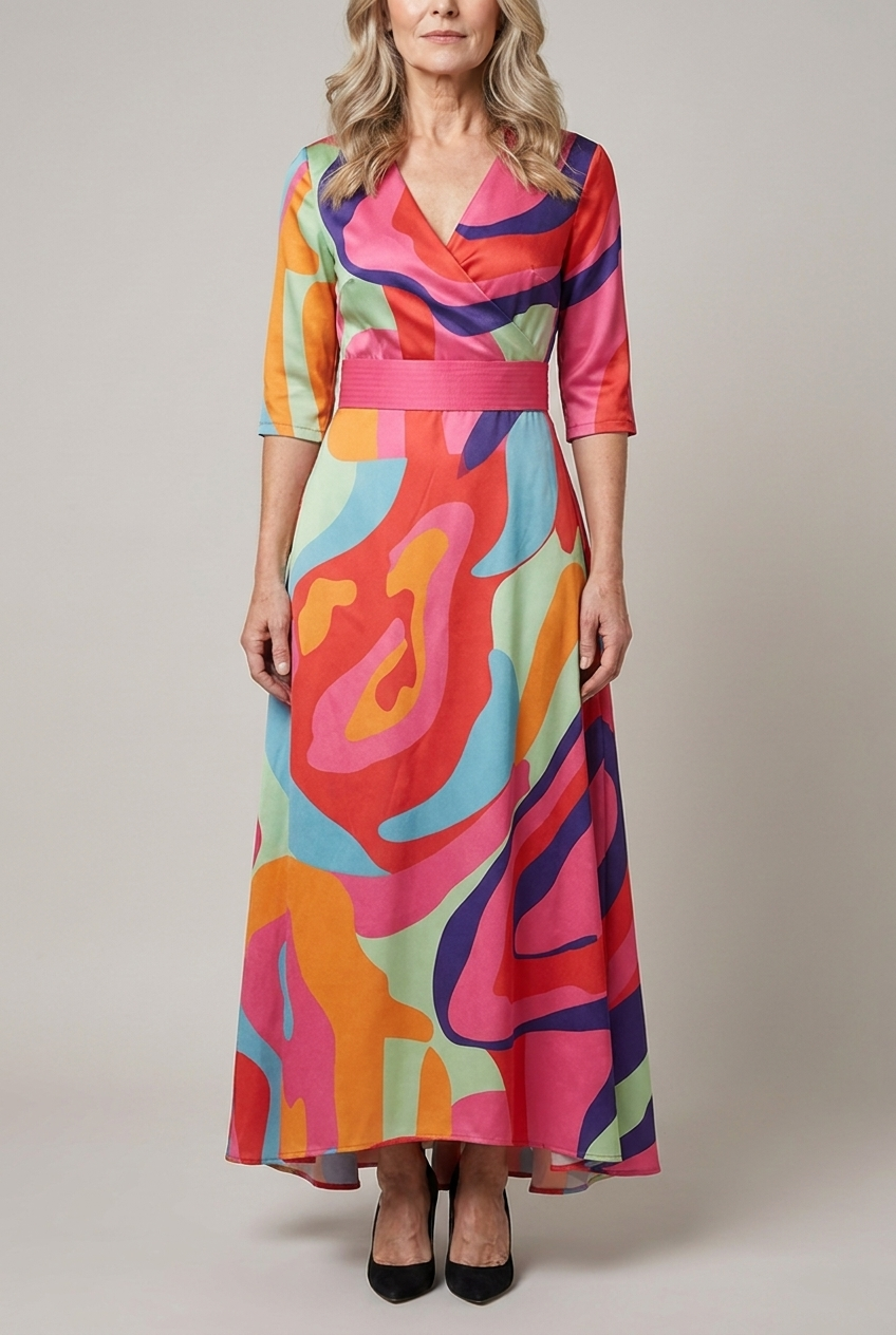 Tailored Midi Dress with V Neckline and Zip Closure