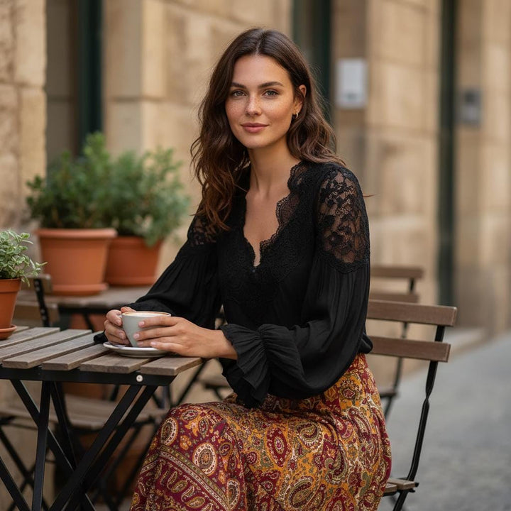 ELA | Black Lace Puff Sleeve Blouse V Neck