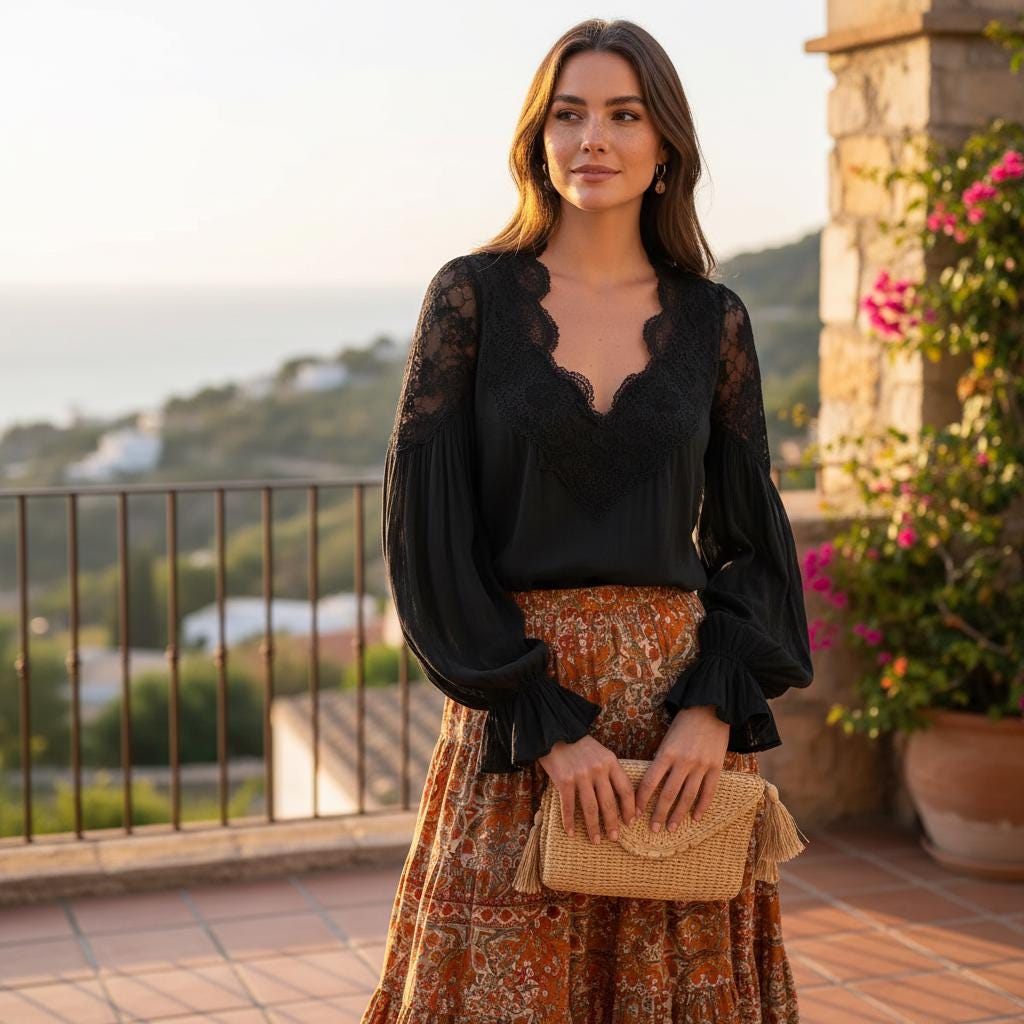 ELA | Black Lace Puff Sleeve Blouse V Neck