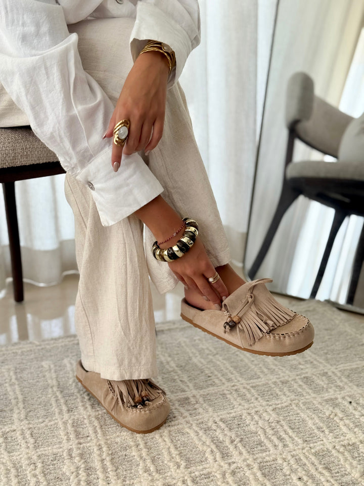 Camille | TAUPE FRINGED FLAT MULES