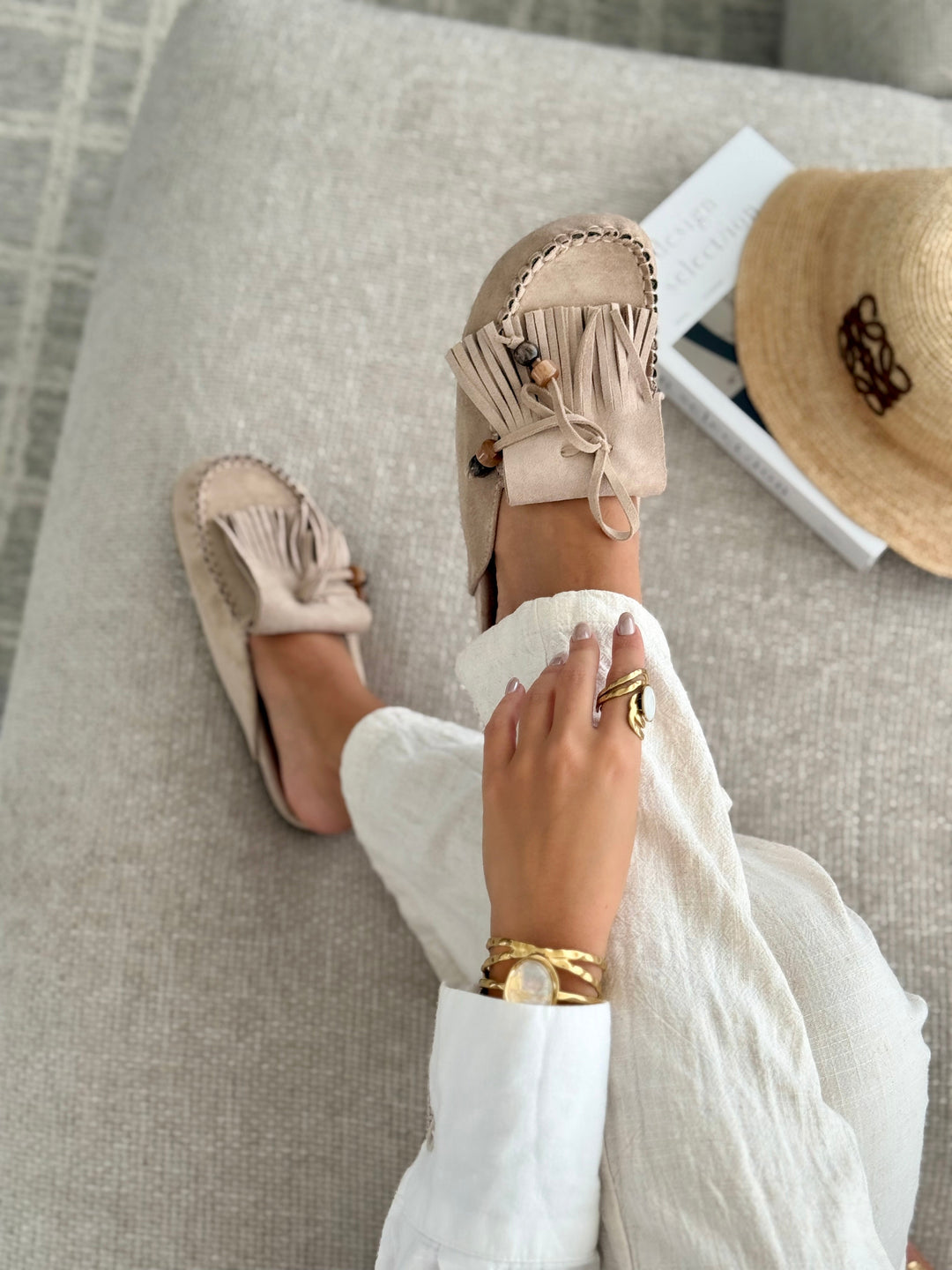 Camille | TAUPE FRINGED FLAT MULES