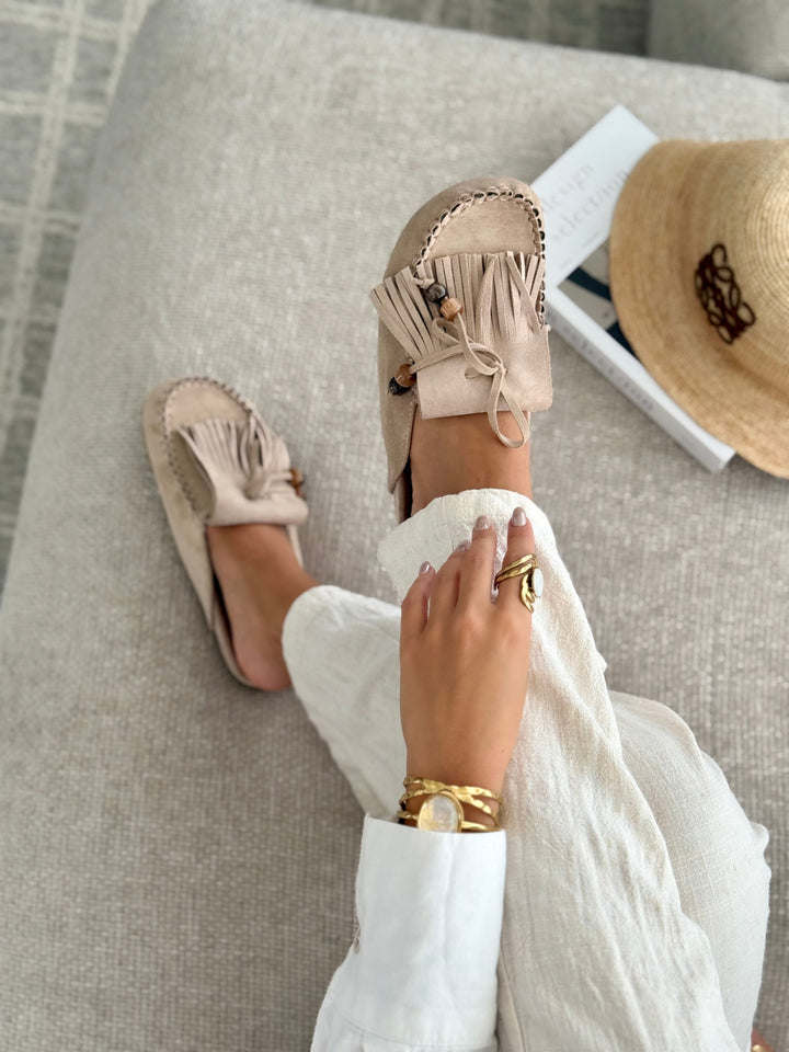 Camille | TAUPE FRINGED FLAT MULES