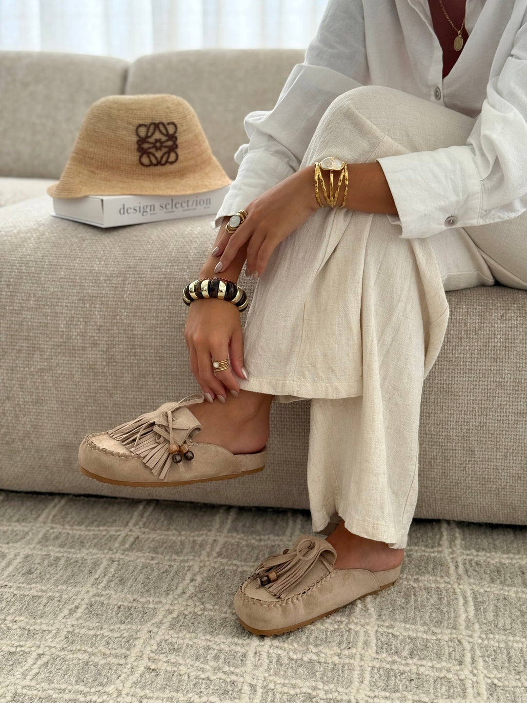 Camille | TAUPE FRINGED FLAT MULES