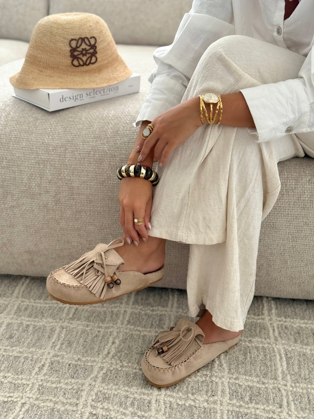 Camille | TAUPE FRINGED FLAT MULES