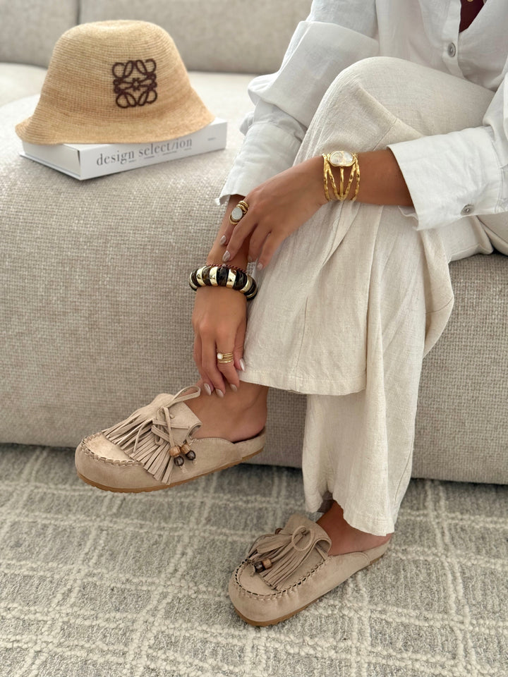 Camille | TAUPE FRINGED FLAT MULES