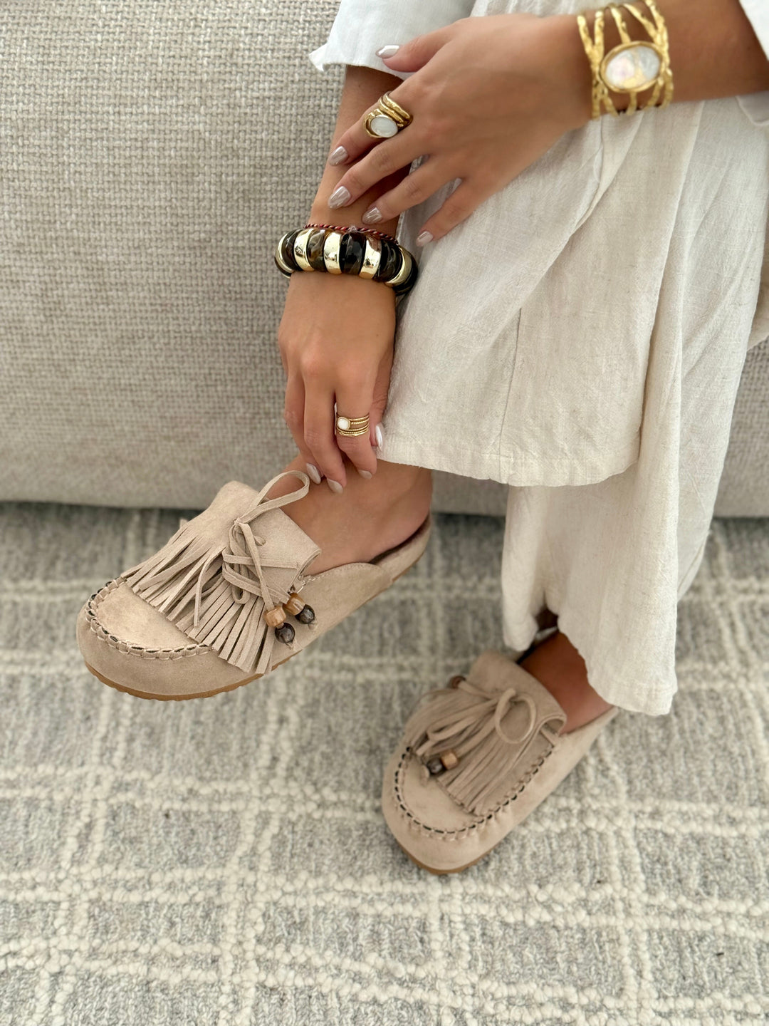 Camille | TAUPE FRINGED FLAT MULES