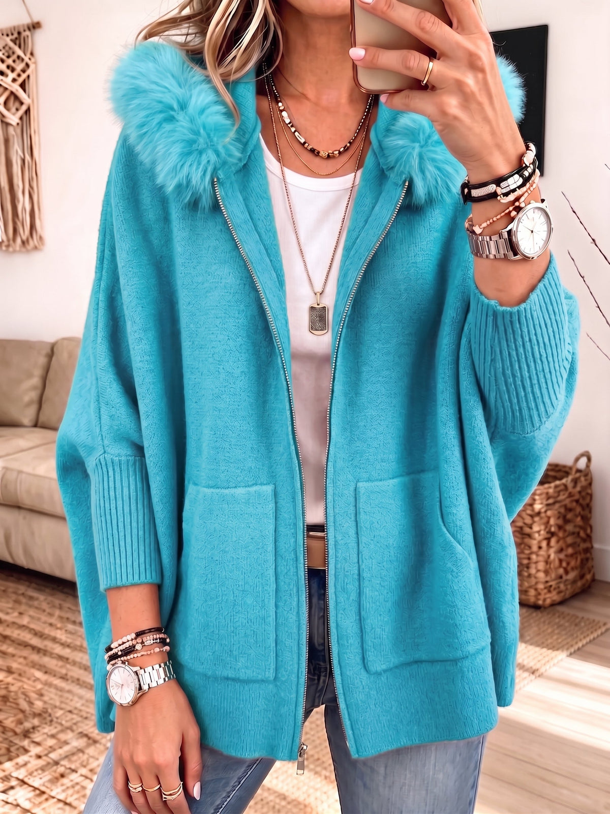Frida | Furry-Hood Knit Cardigan