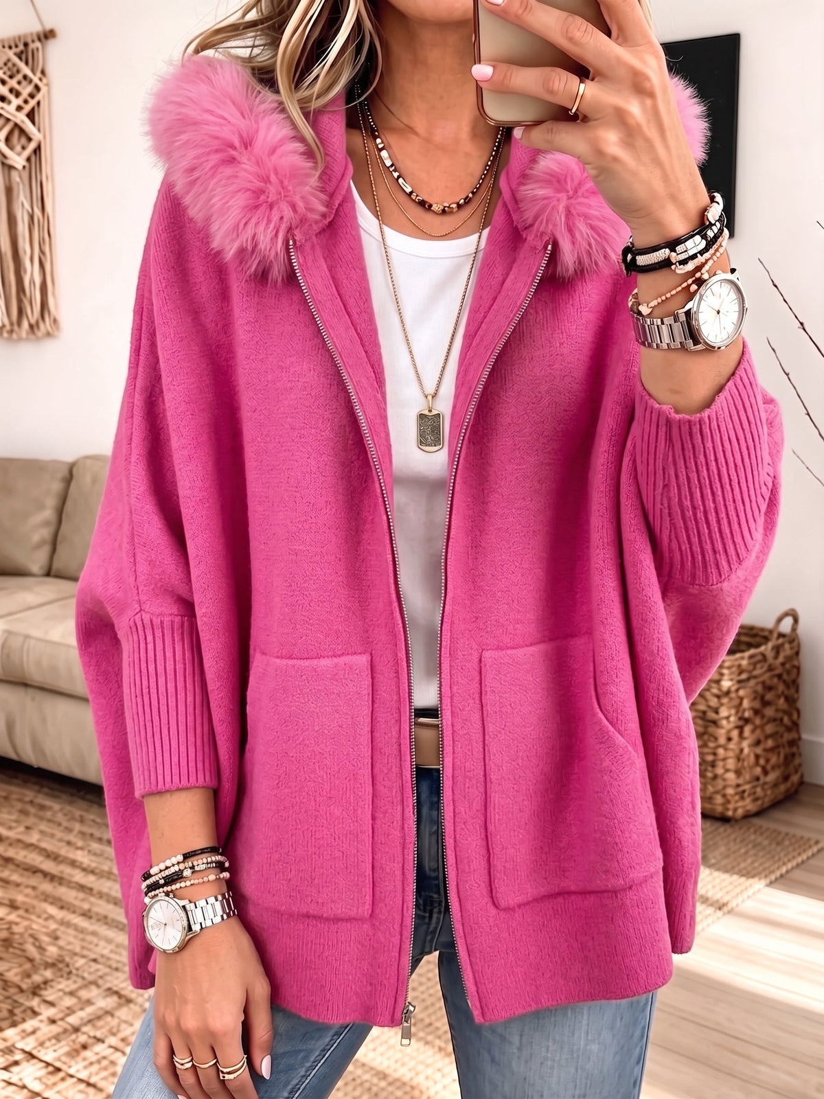 Frida | Furry-Hood Knit Cardigan