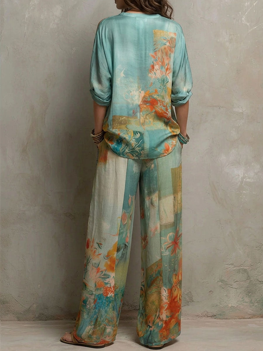 Tiana - Elegant Floral-Print Set With Wide-Leg Pants
