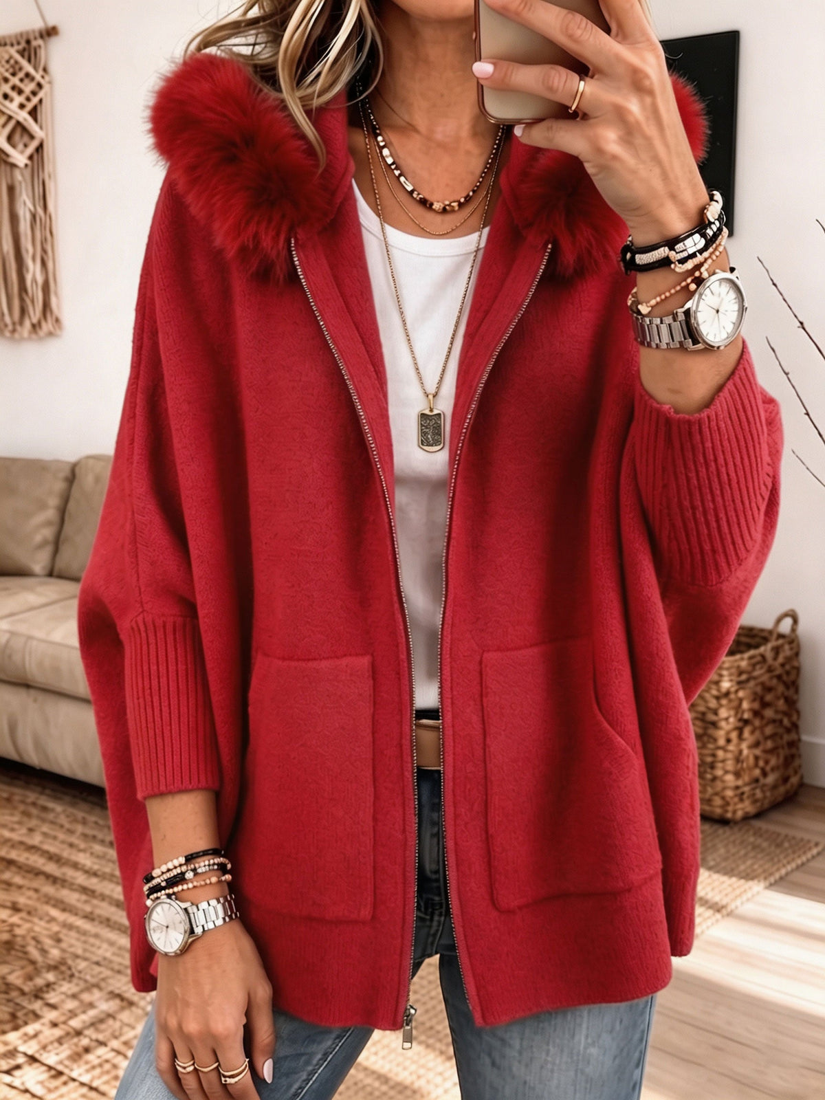 Frida | Furry-Hood Knit Cardigan