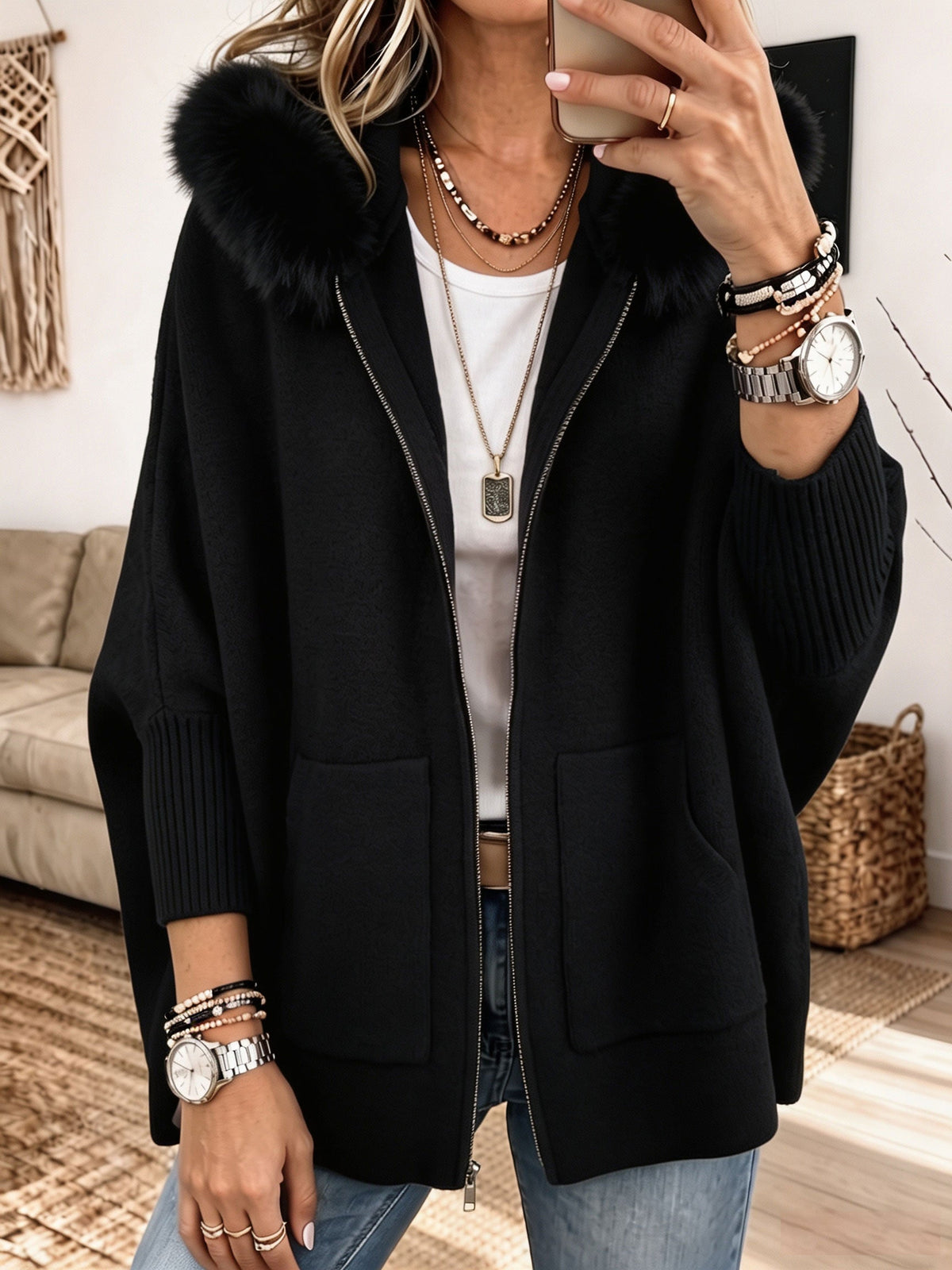 Frida | Furry-Hood Knit Cardigan