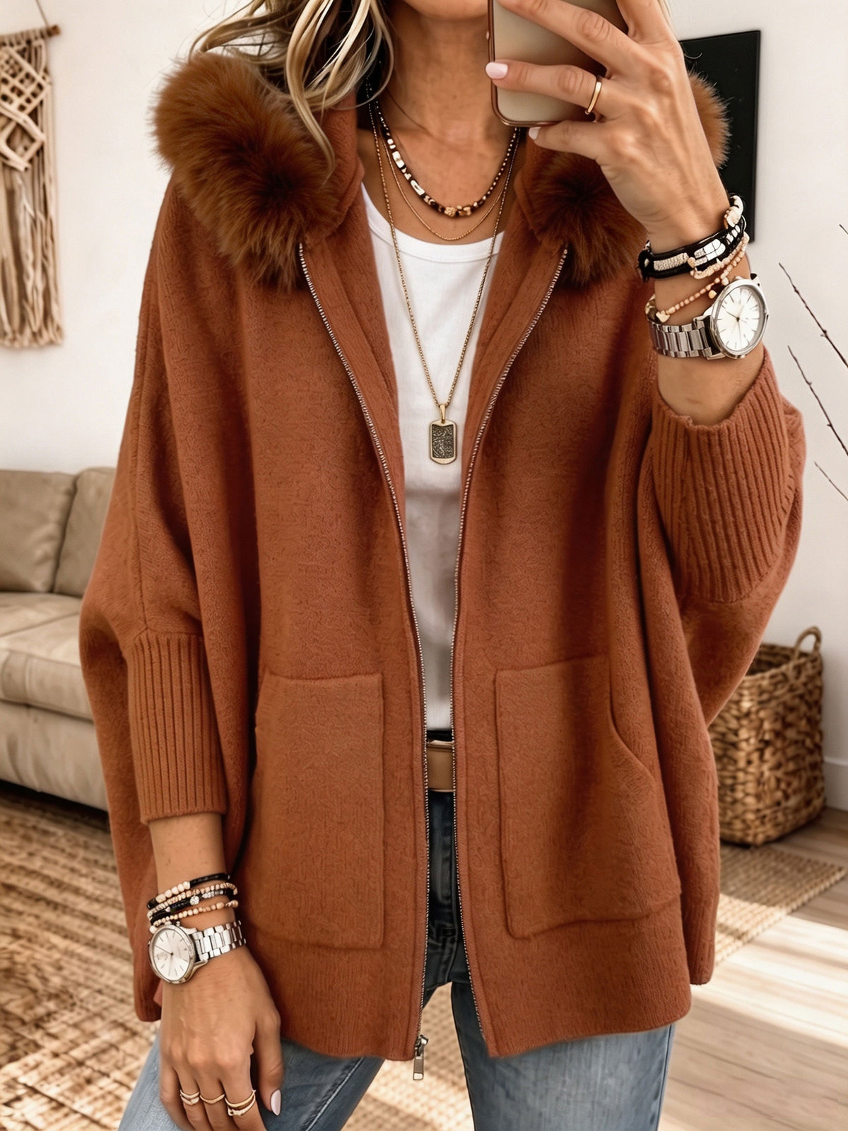 Frida | Furry-Hood Knit Cardigan