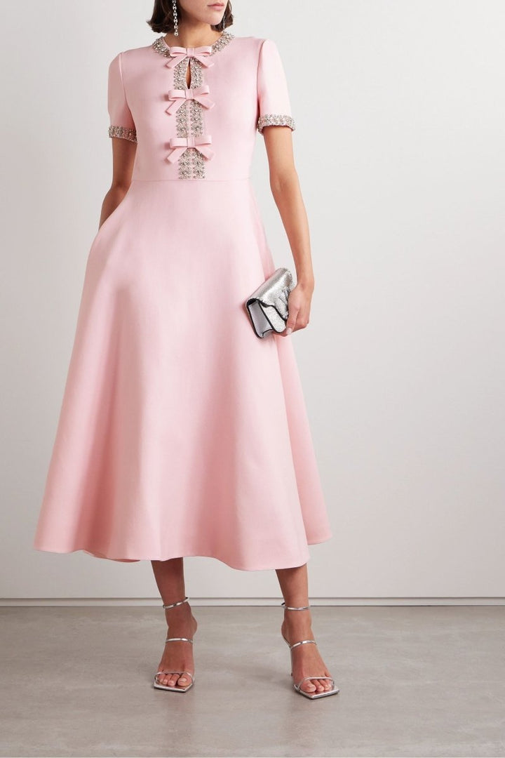 Wanda | Midi Satin Dress with Knot and Crystal Embellishments